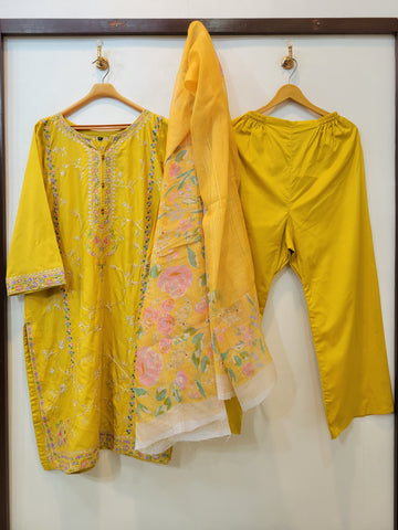 3 Piece Embroidered Cotton Lawn Suit (Yellow)