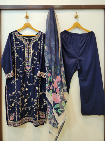 3 Piece Embroidered Cotton Lawn Suit (Blue)