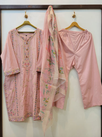 3 Piece Embroidered Cotton Lawn Suit (Pink)