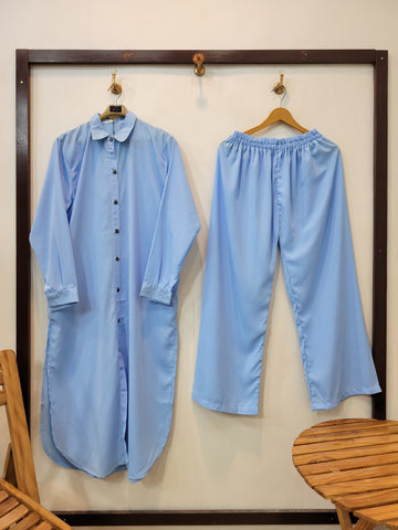 Elegance Long Shirt Coord (Sky Blue)