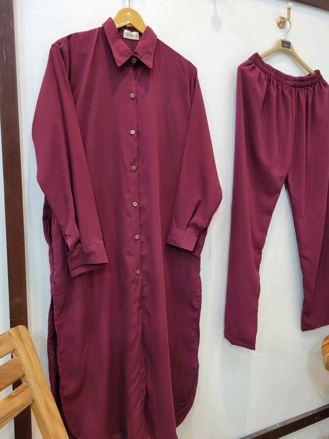 Elegance Long Shirt Coord (Maroon)