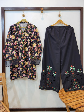 Khayal ' Self Cotton Cutwork Two Pieces ' (black)