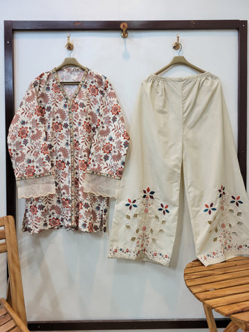 Khayal ' Self Cotton Cutwork Two Pieces ' (Beige)