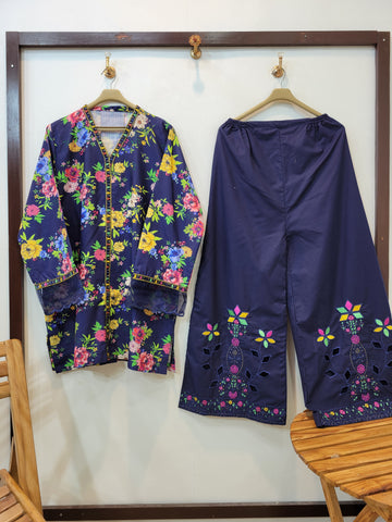 Khayal ' Self Cotton Cutwork Two Pieces ' (Navy Blue)